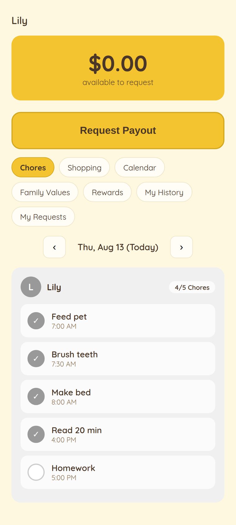 Kid view — today's chores