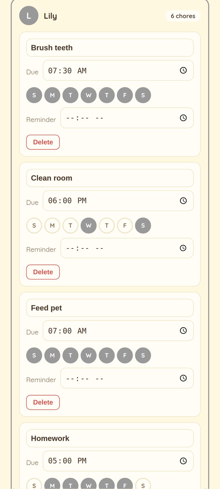 Parent view — setting up chores